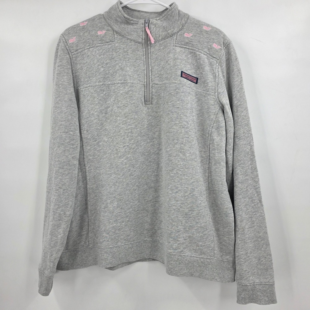 VINEYARD VINES PINK WHALES SHEP 1/4 ZIP SWEATSHIRT WOMENS XL GRAY PULLOVER BEACH - Picture 2 of 13